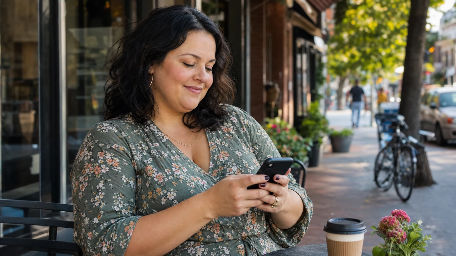 Plus-size woman checking her phone at a neighborhood cafe