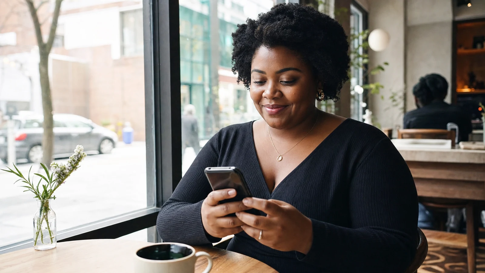 Plus-size Black woman checking her phone before a date at a city cafe