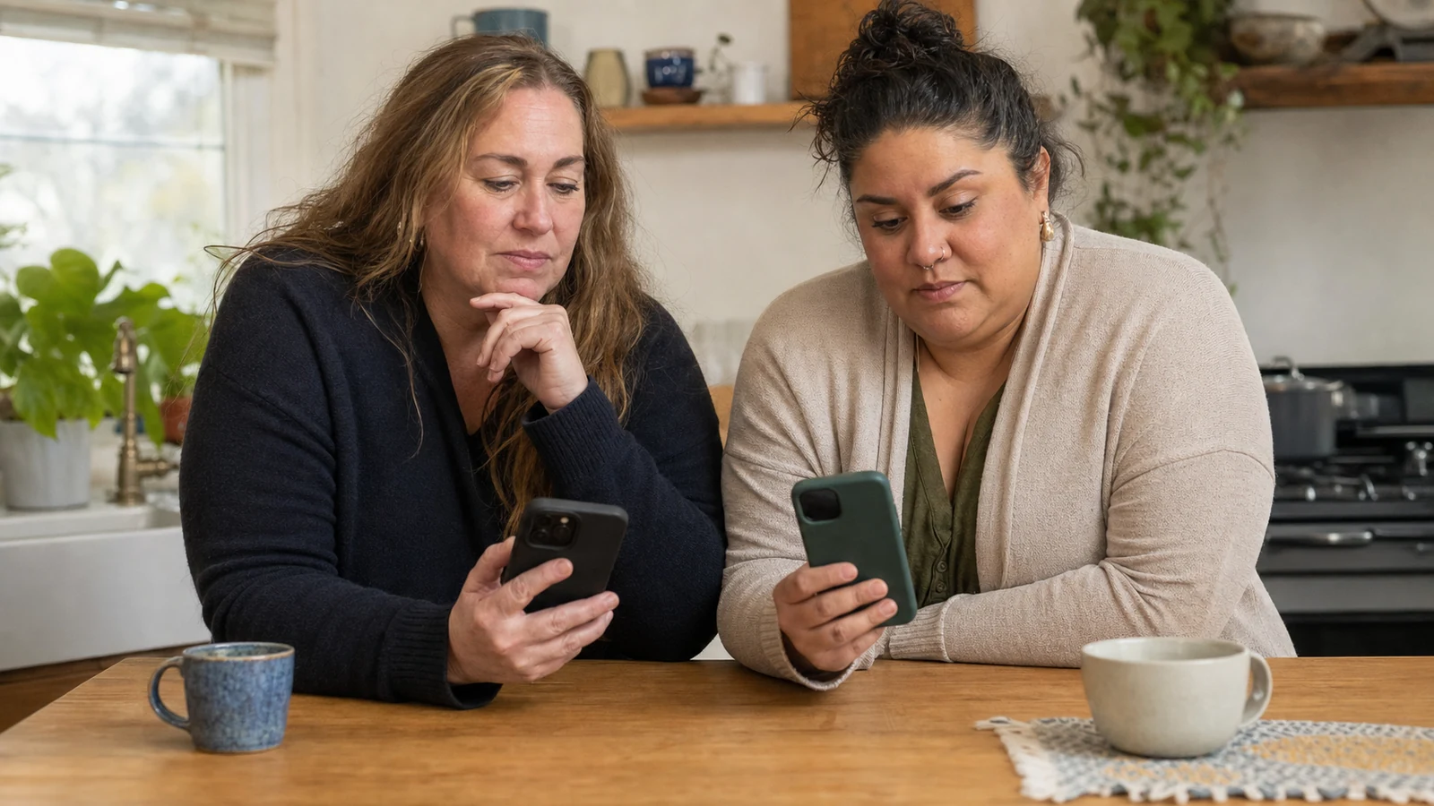 Two plus-size friends comparing dating options on their phones