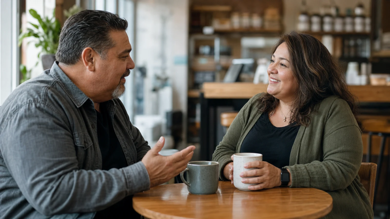 Two plus-size adults over 40 talking over coffee on a date
