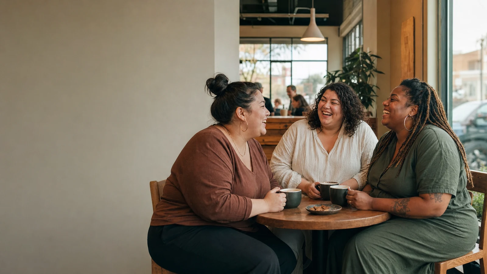 Three plus-size women friends laughing together over coffee at a cafe